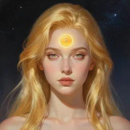 portrait of a gallent golden haired girl with open third eye spiritual art, third eye, attractive sci - fi face, space background, elegant, highly detailed, digital painting, artstation, concept art, smooth, sharp focus, illustration, art by artgerm and greg rutkowski and alphonse mucha