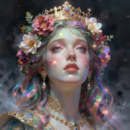 adam scott, portrait, colorful and vibrant majestic, royal, open wide eyes, drops of tear with flowers on her hair, glowing light orbs, intricate concept art, elegant, digital painting, smooth, sharp focus, ethereal opalescent mist, outrun, vaporware, cyberpunk darksynth, ethereal, ominous, misty, 8 k, by ruan jia and miho hirano, rendered in octane