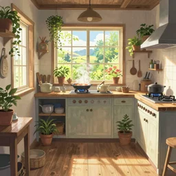interior background art, bright window lit kitchen, morning, steaming food on the stove, wooden floors, houseplants, cottage decor, anime, trending on pixiv fanbox, painted by greg rutkowski makoto shinkai takashi takeuchi studio ghibli, akihiko yoshida