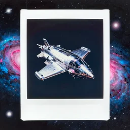 analog polaroid of a big chrome spaceship in space, multiple galaxies visible, hotpink and cyan blue color bleed, glitter, gritty, lens flare