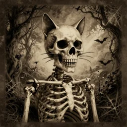 a retro Halloween drawing of a skeleton with a cat head