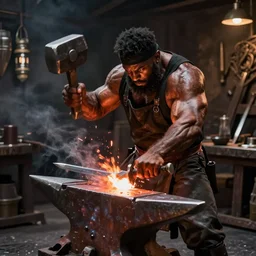 a muscular dwarf blacksmith, wearing blacksmith clothing!!!!!!!, swinging hammer down forging a sword on an iron anvil, cinematic, epic, by archvillain, titanforge, blizzard, hearthstone, greg rutkowski, craig mullins, jeff easley, mtg, wotc