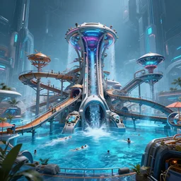 futuristic cyberpunk waterpark, digital art, highly detailed, epic composition, cinematic lighting
