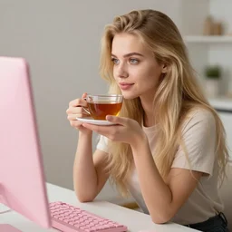 russian girl with long blond hair sitting at a pink keyboard holding a cup of tea, beautiful, hyper realistic