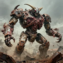 movie still of flayed god machine earth mover battle chaos, intricately macerated by age, sentient, dethroned goliath machine, mantis eye colossus, blood turbines, hydrocracking battles, rusted, macerated, eviscerated by fimbria wires, bicornate rotting, by alberto bontempi, alex ross, shigeru komatsuzaki,