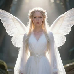 portrait of a ethereal magical young winged fairy princess millie bobby brown wearing a white robe, d & d, fantasy, intricate, rim light, god rays, volumetric lighting, dark souls, elegant, highly detailed, artstation, concept art, smooth, sharp focus, illustration, art by greg rutkowski, maxfield parrish and alphonse mucha, new art nouveau, tarot card