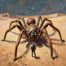 a painting of a giant mechanical spider in the desert, one character, by moebius, jean giraud & kilian eng