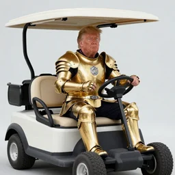 photo of Donald trump in gold armor riding a golf cart that has ted cruz for a face