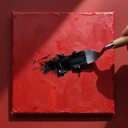 canvas coated with red paint, black paint smeared with palette knife