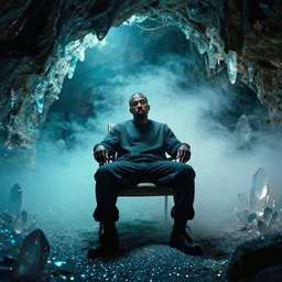 of kanye west as a man on chair, cave with crystals, glitter, volumetric light, foggy, smokey, moody, kodak photography, cyan and blue magical light. w 6 0 0