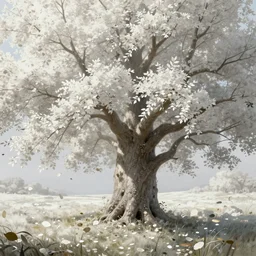 a big tree in a meadow with white leaves and some leaves falling retro digital painting, artstation, concept art, soft light, hdri, smooth, sharp focus, illustration, fantasy, intricate, elegant, highly detailed, D&D, matte painting, in the style of Greg Rutkowski and Alphonse Mucha and artemisia, 8k, highly detailed, jurgens, rutkowski, bouguereau, pastoral, rustic, georgic