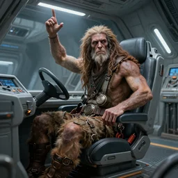 very detailed neanderthal photo realistic inside a futuristic spaceship, caveman in pilot seat, epic pose
