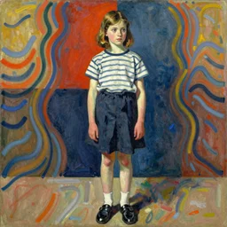 by alexej von jawlensky jaunty, realistic. drawing. a young girl stands in the center of the frame, looking off to the side. she wears a school uniform with a short skirt & a striped shirt. the background is a vivid, with wavy lines running through it.