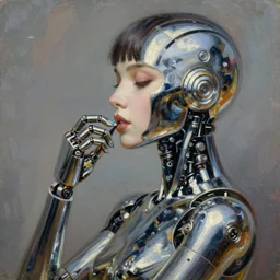 a ultradetailed beautiful portrait panting of a stylish female robot, chrome plated, oil painting, by hajime sorayama, greg rutkowski and makoto shinkai, trending on artstation
