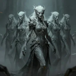 an concept art of the marching eldritch ghosts, pale hair, intricate details, detailed face, detailed clothes, artstation, epic pose, epic background, ambient light, by rembrandt