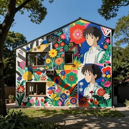 sunny day ( ( gediminas pranckevicius ) ) house by kengo kuma, art by syd mead, malevich and makoto shinkai, very coherent, sharp, colorful high contrast, dark shadows, hard lighting, floralpunk flower garden, inking etching screen print paper cutout collage