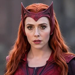 A portrait of elizabeth Olsen as scarlet witch with the scarlet witch wimple, cinematic, digital art, amazing detail