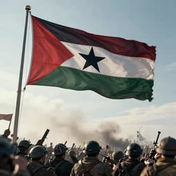 A flag flying over a triumphant foreground. The war is over.