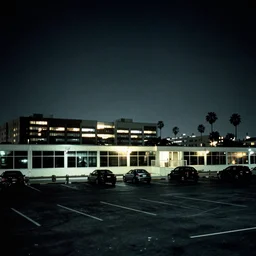 a sprawling building complex seen from a dark parking lot in los angeles at night. 1 9 9 0 photo by james cameron