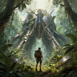 a backpacker standing at the remnants of an overgrown metallic alien structure by neil blevins in the jungle highly detailed digital painting, concept art by yongfei liu, alben tan, vance kocas, octane rendered, low angle, god rays, cg society, unreal engine
