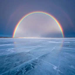 an ice desert with rainbow lights. hq photography. wide shot