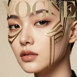 close up of face of female fashion model, art - deco style, beige colors, official vogue editorial, highly detailed