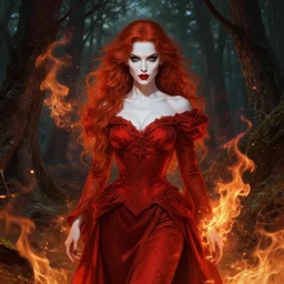 full portrait of an evil female pyromancer in the woods, elegant red dress, long skirt, very detailed face, white skin, red hair, red lipstick, blue eyes, fire everywhere, high fantasy, dnd, highly detailed, digital illustration, by artgerm, greg rutkowski, alphonse mucha