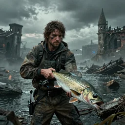 Gigachad fishing in the apocolypse, HD, 4k image