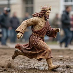 street photography by saul leiter, award winning photo of an ultra detailed intricate jesus christ in a monk clothes running very fast in mud, fast shutter speed, motion blur, tiny gaussian blur, highly detailed, highly intricate, depth of field, trending on top gear