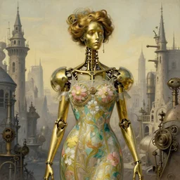 brass semi - mechanical lady, portrait, floral art nouveau dress, art by ardian syaf and moebius, in steampunk cityscape