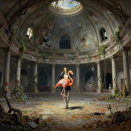 a highly detailed beautiful painting of a domed abandoned ballroom, rot decay and vines, in center an elegant male dancer on flamingo legs, by salvador dali and zdzisław beksinski, artstation, dramatic lighting