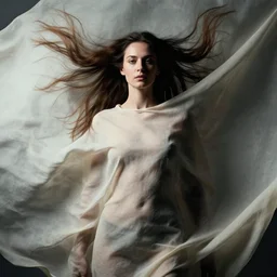 a portrait of a woman with long hair wearing a fabric cloth drapery by peter mohrbacher and jeffrey catherine jones and roberto ferri, billowing, dramatic, dynamic lighting, sharp focus, motion, symmetrical features