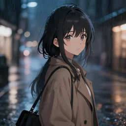 upper - body illustration of highly detailed beautiful anime girl by davinci walking through rainy city at night, depth of field, pretty and stunning face and eyes, 8 k, pixiv, danbooru, gelbooru