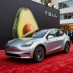 avocado looking tesla car in high quality art 4 k render octane high fidelity tv cinematic realistic photo at the red carpet hollywood.