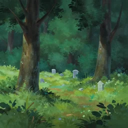 keyframe still from land before time 1 9 8 8, landscape forest, cemetery in far distance, cartoony gouache matte painting by makoto shinkai disney