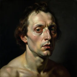 refined gorgeous blended oil painting with black background by christian rex van minnen rachel ruysch dali todd schorr of a chiaroscuro portrait of an extremely bizarre disturbing mutated man with shiny skin acne dutch golden age vanitas intense chiaroscuro cast shadows obscuring features dramatic lighting perfect composition masterpiece