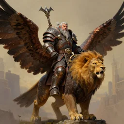 a warcraft dwarf in full armor riding a griffin, a creature half - eagle and half - lion with feathered wings, in the style of ralph horsley, rossdraws, ilvya kuvshinov, stylized background, matte painting, maya, pixar, cinematic lighting, artstation, highly detailed, masterpiece, epic
