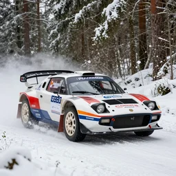 a 1 9 7 4 lancia stratos hf stradale, racing through a rally stage in a snowy forest