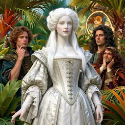 art by artgerm, craig mullins and greg rutkowski. a beautiful elegant and grace female sorrounded by tropical plants!! renaissance noble costume, octane render, vivid colors, artstation, by jeremy mann, by alphonse mucha, by boris vallejo. delicate features. bright white. ultra realistic. ultra clear detailed