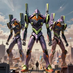 giant evangelion stands over city by simon stalenhag, d & d, fantasy, digital painting, unreal engine 5, photorealism, hd quality, 8 k resolution, cinema 4 d, 3 d, cinematic, professional photography, art by artgerm and greg rutkowski and alphonse mucha and loish and wlop