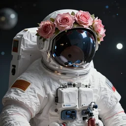 astronaut in space with a rose flower crown, sharp focus, intricate, elegant, digital painting, artstation, matte, highly detailed, concept art, illustration, volumetric lighting, bokeh light