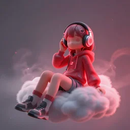 a cute girl wearing headphones sitting on a cloud relaxing, misty, glows, blender render, hazy, foggy, red lighting, ambient lighting, 8 k, neon, synthwave, cyberpunk,