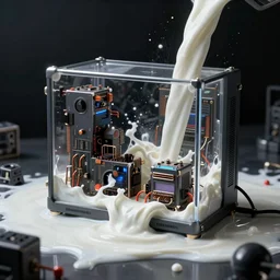 surrealist rendering of electronics with milk inside, dark room, white milk, flowing, unreal engine, 8 k, dreamlike, cyberpunk