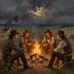 wizards and cowboys sitting around a campfire discussing the days work, theme western sci-fi, old west oil paint on canvas