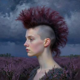 closeup, giant flower head mohawk, woman in a heather field, surreal photography, starlight, storm clouds, impressionist painting, digital painting, artstation, simon stalenhag