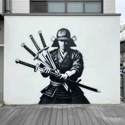 graffiti mural, a samurai showing off a collection of swords, located on a boardwalk in tokyo japan, by banksy, a 1 one, shepard fairey