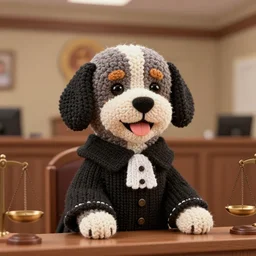 a closeup photorealistic illustration of a smiling knitted bernedoodle judge dog dressed in a black gown, presiding over the courthouse. scales of justice style room. this 4 k hd image is trending on artstation, featured on behance, well - rendered, extra crisp, features intricate detail, epic composition and the style of unreal engine.