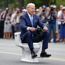 Photo of Joe Biden riding a toilet at the front of a parade, taken with a Canon EOS 5D.