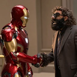 Robert Downey Jr in an iron man suit with helmet open, shaking hands with Barney
