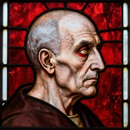1 0 th century stained glass window, side portrait of a very old man, side - view, unkind, wrinkly grey skin, red eye - shadow, yellow eyes, bald and shaven, red bloody background, detailed and masterful